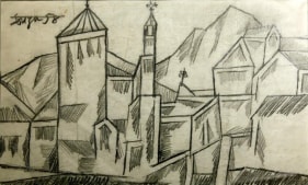 F. N. Souza UNTITLED (LANDSCAPE WITH CHURCH) 1958 Graphite on paper 8 x 13 in.