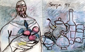 F.N. Souza MAN WITH APPLES 1997 Marker, Chemical on Paper 10.5 x 18 in.  SOLD