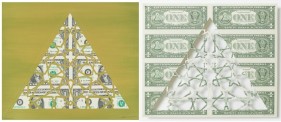 Abdullah M. I. Syed Divine Structure: Triangle (Diptych) 2017 Hand-cut U.S. $1 banknote sheet and banknote collage with acrylic on wasli 10.25 x 24.5 in.