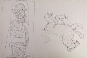 Jamini Roy CHRIST AND UPSIDE-DOWN LION Ink on paper 8 x 12.5 in.