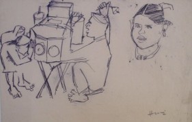 M.F. Husain PEEPBOX (MAN WITH BELL) 1958 Ink on tissue paper 6 x 9 in.  SOLD