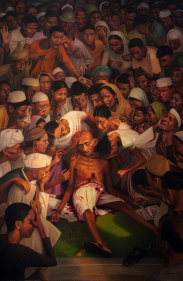 Tom&nbsp;Vattakuzhy  Death of Gandhi, 2023  Oil on canvas  108h x 72w in