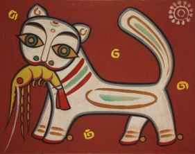 Jamini Roy UNTITLED (CAT WITH PRAWN) Painting on board 17 x 14 in.