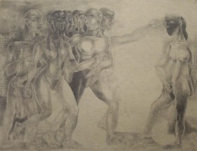 K. Laxma Goud FIVE FIGURES, MULTIPLE HEADS Pencil on paper 11.5 x 15 in.  SOLD