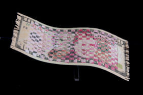 Abdullah M. I. Syed Weaving Myth I (Flying Rug Series) Hand-cut and weaved U.S. $10 bill and 100 Pakistani Rupee with custom Perspex vitrine 6 x 10 in. 2013