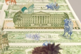 Abdullah M. I. Syed  Moneyscape VI: Playground of Alternative Economies (Detail)  2017  Hand-cut and assembled various uncirculated banknotes in custom light-box vitrine  22 x 22 x 10 in