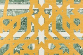 Abdullah M. I. Syed  Mapping Investment: Afghanistan (Detail 2)  2017  Hand-cut U.S. $2 banknote sheet and banknote collage with acrylic on wasli  20.25 x 50.25 in