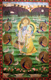 Picchvai (Temple Hanging) Depicting Krishna and Radha in a Garden with Peacocks India c. 19th century Painting on cloth 64 x 41 in.  NFS