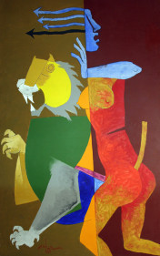 M. F. Husain DURGA 1976 Acrylic on canvas 88 x 55.5 in.