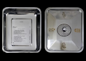 Mujtaba Asif, Untitled - 3 (Human Being Series), 2018, Laser engraving and enamel paint on surgical tool tray, 11 x 12.50 x 2 in