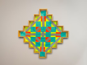 Christopher Joshua Benton  The Home, The Factory, The Studio, The Exhibition  Construction worker uniforms, wood  37.80h x 37.80w in  Framed: 40.55h x 40.55w in