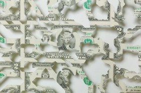 Abdullah M. I. Syed  Mapping Investment: Afghanistan (Detail 1)  2017  Hand-cut U.S. $2 banknote sheet and banknote collage with acrylic on wasli  20.25 x 50.25 in