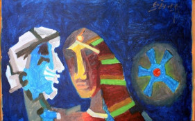 M.F. Husain UNTITLED (HEADS - BLUE) 1970 Oil on canvas 19 x 34 in.