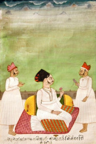 Portrait of Mohata Ji and Shri Manrup Signed by Isa 1779 Opaque watercolor and gold on paper 8 x 5.5 in.