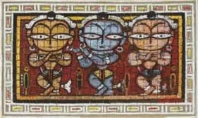 Jamini Roy KRISHNA WITH ATTENDANTS ND Gouache on woven bamboo laid on card 15 x 26 in.