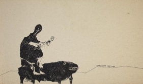 Laxma Goud UNTITLED (MAN ON BEAST) 1968 Ink on paper 7 x 11 in.
