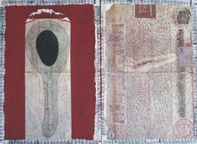 Talha Rathore SEEKING, SEEPING, SPREADING VI 2007 String, gouache and block print on wasli 22.5 x 31 in.  SOLD