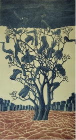 Gigi Scaria  Waq waq tree, 2022  Etching on Somerset paper  36h x 20w in  1 of 20