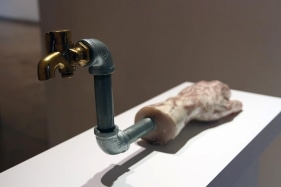 Thisath Thoradeniya The Last Drop 2016 Fiber cast with gypsona, iron, and brass 9 x 21.5 x 8.5 in.