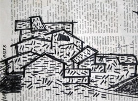 M.F. Husain URBAN SCAPE ON NEWS PRINT Ink on paper 5.5 x 7.5 in.  SOLD