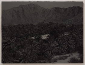 Saad Qureshi Sacred Garden II 2017 Wood ash, black sand, imitation silver leaf, charcoal and ink on gaboon plywood 63 x 83 in.