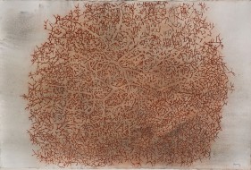 G. R. Iranna  Merging Story in Mud Tree, 2022  Terracotta and charcoal dust on paper  42h x 60w in