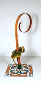 Adeela Suleman Kar Wa Farr Series 4 2014 Hand-painted steel sword, iron and metal tile with enamel paint 19.5 x 12 x 9 in.