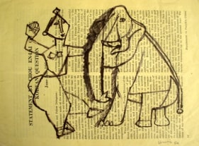 M.F. Husain UNTITLED (ELEPHANT AND WOMAN OVER NEWSPRINT) 1954 Ink on paper 7.5 x 10 in.  SOLD