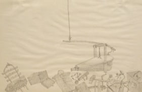 Laxma Goud BITS &amp; SCRAPS BELLOWS 1976 Pencil on paper 19 x 30 in.  SOLD