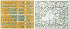 Abdullah M.I. Syed Mapping Investment: Saudi Arabia (Diptych) 2017 Hand-cut U.S. $2 banknote sheet and banknote collage with acrylic on wasli 20.25 x 50.25 in.