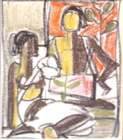 Biren De UNTITLED SKETCH (SEATED WOMEN AND MAN, RED BACKGROUND) Crayon on paper 4.5 x 4 in.