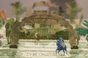 Abdullah M. I. Syed  Moneyscape VI: Playground of Alternative Economies (Detail)  2017  Hand-cut and assembled various uncirculated banknotes in custom light-box vitrine  22 x 22 x 10 in