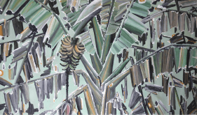 bright green acrylic painting of a banana tree with a closeup of a banana bunch and leaves