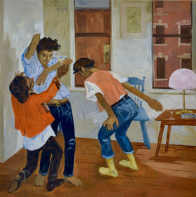 Salman Toor, After Party, 2018, Oil on panel, 18 x 18 in