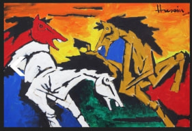 M. F. Husain Untitled (Colorful Horses) Acrylic on canvas 24 x 36 in.
