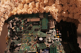 Promotesh Das Pulak PROGRESSION - 1 2014 Electronic components, found objects, Shola flowers and metal frame 48 x 24 x 24 in.