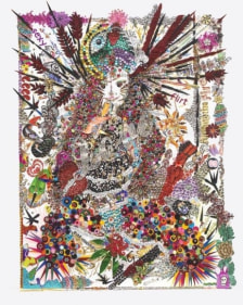 Chila Kumari Burman INTO THE VORTEX OUT IN THE WORLD 2009 Medium bindis, Indian and Thai stickers,flourescent glitter, collage, gold leaf, fake gems, felt tip and inkjet on Somerset velvet 30 x 22 in