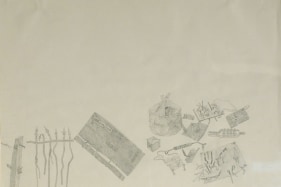 Laxma Goud BITS &amp; SCRAPS TRUNK, HANDBAG 1975 Pencil on paper 19 x 30 in.  SOLD