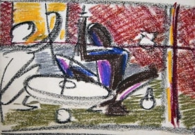 Biren De UNTITLED SKETCH (SEATED MAN IN BROWN, PINK, BLUE) Crayon on paper 4 x 5 in.