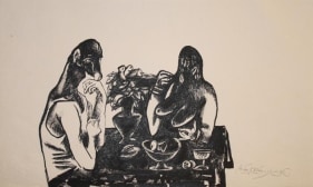 Laxma GOud UNTITLED (TWO ANIMALS AT TABLE) 1979 Ink on paper 7 x 12 in.
