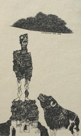 K. Laxma Goud MAN ON CITY AND BEAST 1968 Ink on board 9.5 x 6 in.  SOLD