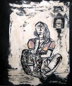 K Laxma Goud UNTITLED WOMAN (TOUCH OF COLOR) 1982 Linocut on card 11 1/4 x 9 1/2 in.