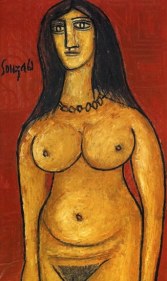 F.N. Souza FEMALE, NUDE ON RED 1961 Oil on canvas 40 x 24 in.  SOLD