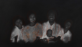 Razin Rubin, Happy Together, 2018, Graphite, carbon paper and fabric paint on mount board, 11.50 x 21 in