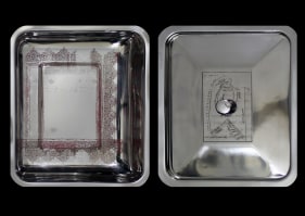 Mujtaba Asif, Untitled - 4 (Human Being Series), 2018, Laser engraving and enamel paint on surgical tool tray, 11 x 9 x 2 in