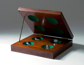 Four Approximate Objects,&nbsp;1970-91mahogany, formica, brass, chrome-plated&nbsp;brass and flocking3 1/2 x 14 1/2 x 13 1/2 in. / 8.9 x 36.8 x 34.3 cmEdition of 30