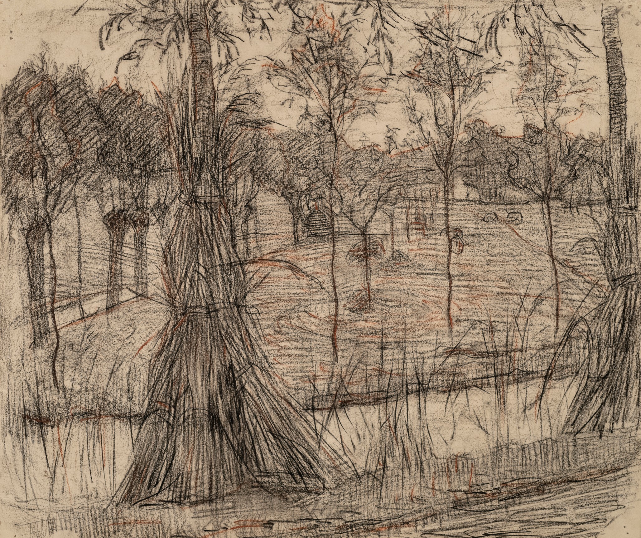 Piet Mondrian Dutch, 1872-1944  Farmyard with Sheep, c. 1905 Verso: Female Nude, c. 1909-11    Conte, charcoal, and pencil on paper 13 x 17 in.