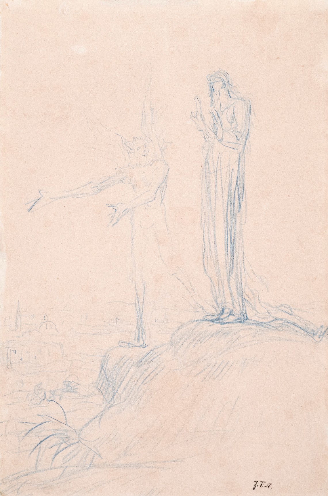 Jean-Fran&ccedil;ois Millet The Temptation of Christ (Christ Tenté par le diable)    Blue crayon on paper  12 x 7 13/16 inches