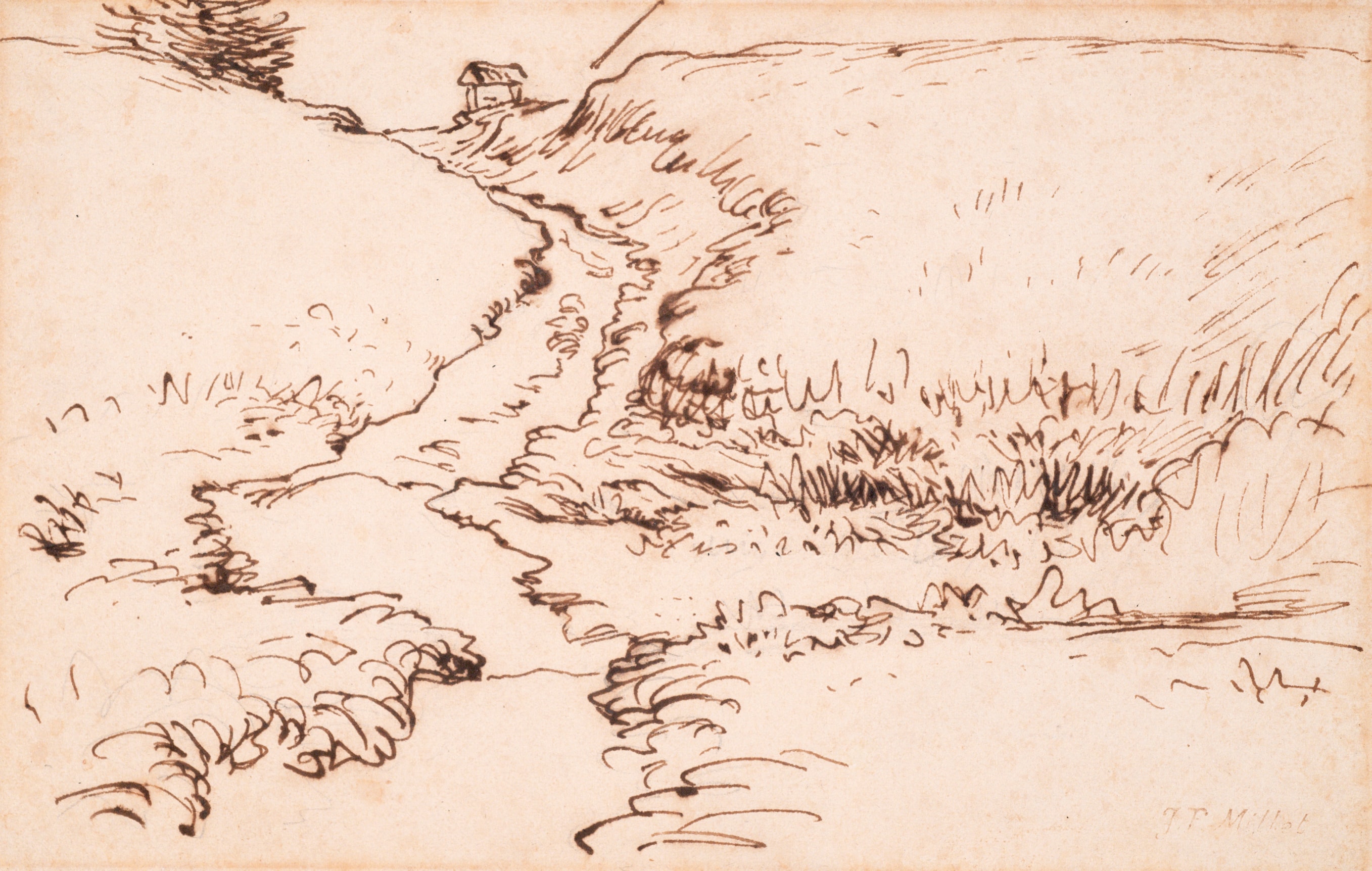 Chemin montant aux environs de Vichy, Auvergne, c. 1866-68    Pen and ink on paper  5 1/4 x 8 5/16 inches