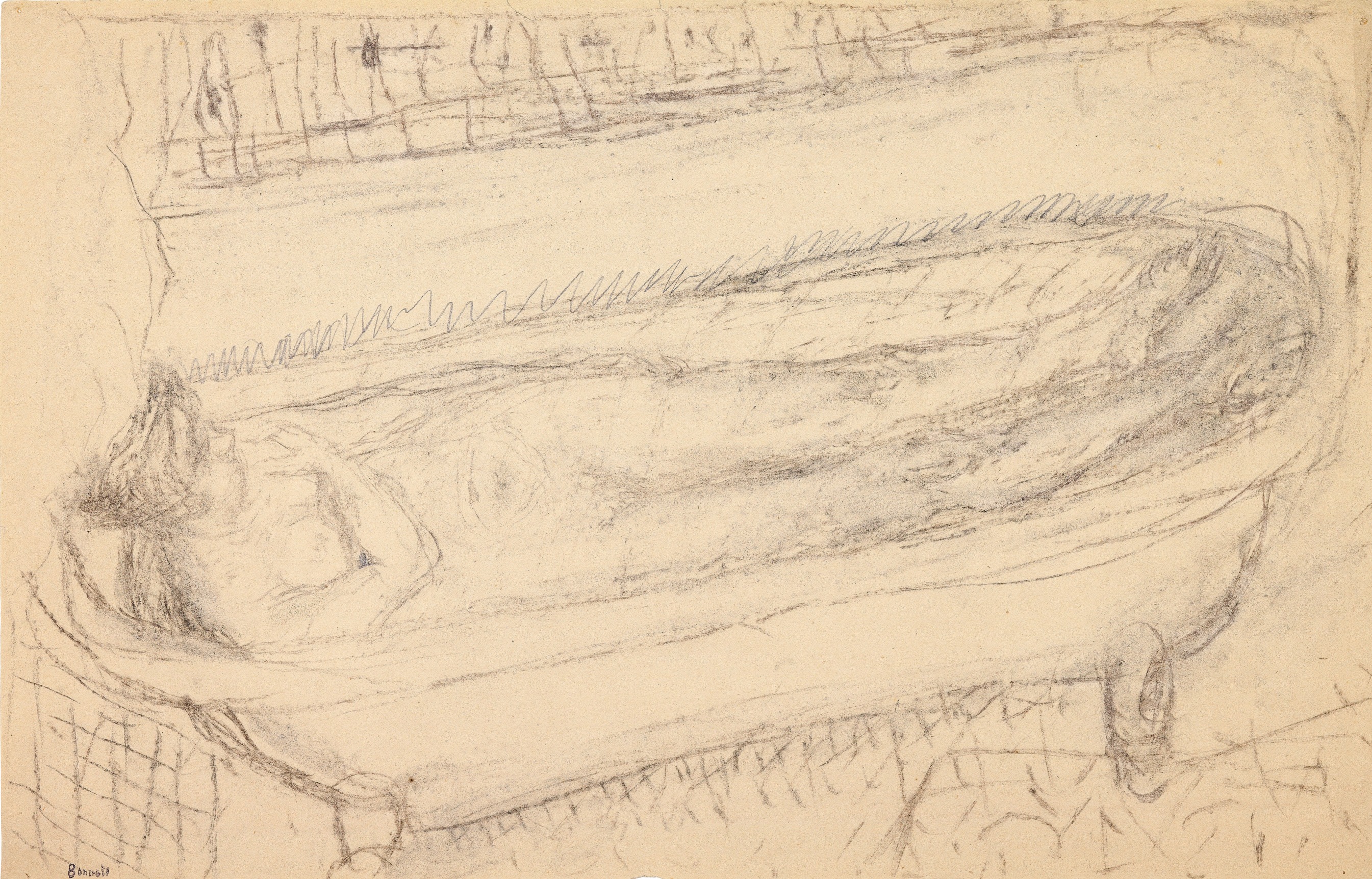 Pierre Bonnard Nude in the Bath, c. 1936    Brown and black chalk and pencil on buff paper 12 5&frasl;8 x 19 &frac34; inches